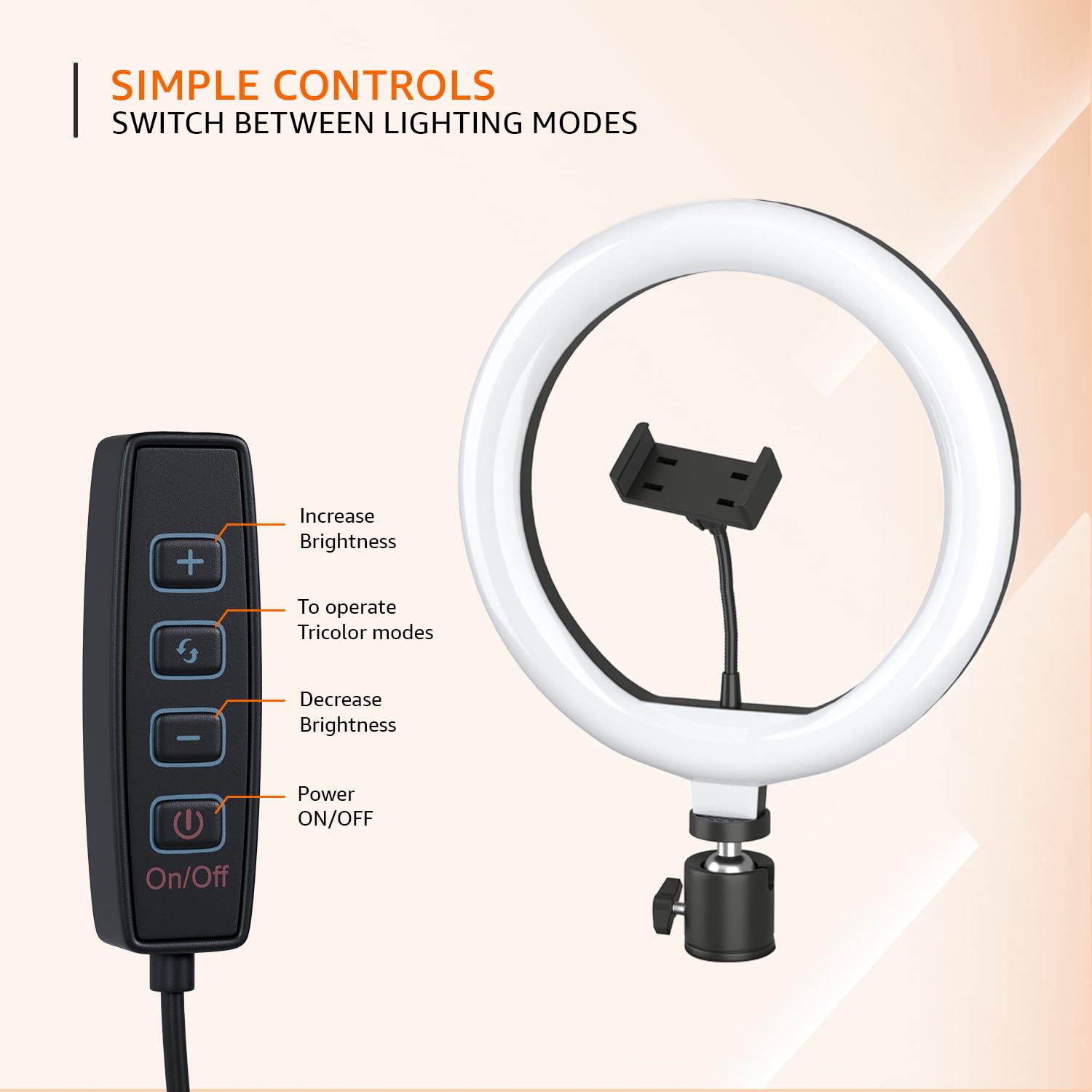 Amazon Basics 10-inch Ring Light with Tripod Stand | 3 Color Modes | 10 Brightness Settings | 360° Rotation | Suitable for Mobile Phones & Camera, YouTube, Photoshoot, Videography and More