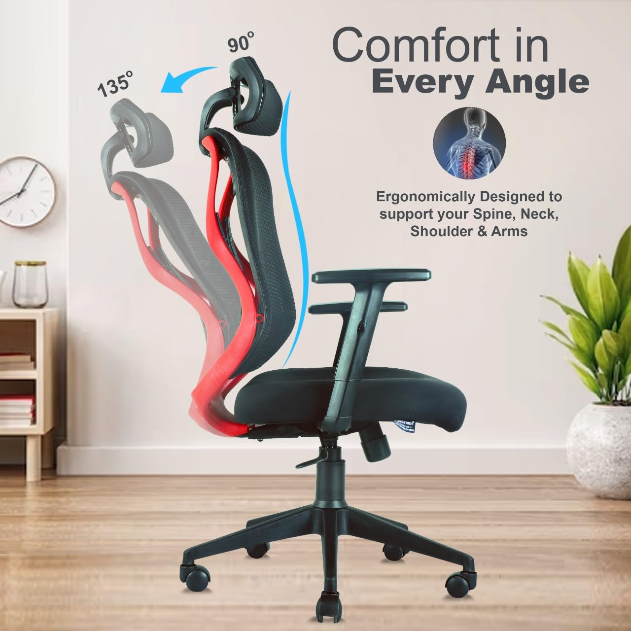 ASTRIDE Ergofit Ergonomic Office Chair for Home | 3-Years Warranty | 2D Headrest, Adjustable Arms & Lumbar Support | Tilt Lock Mechanism [Heavy Duty Chromium Metal Base, Grey-White]