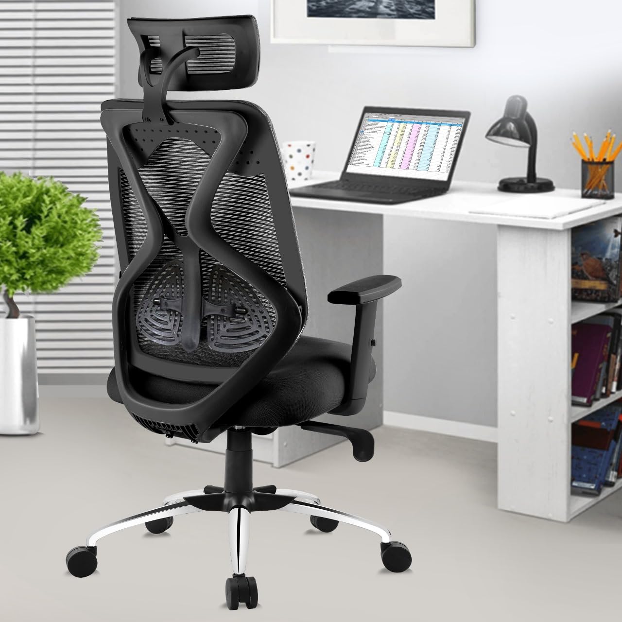 ASTRIDE Ergofit Ergonomic Office Chair for Home | 3-Years Warranty | 2D Headrest, Adjustable Arms & Lumbar Support | Tilt Lock Mechanism [Heavy Duty Chromium Metal Base, Grey-White]