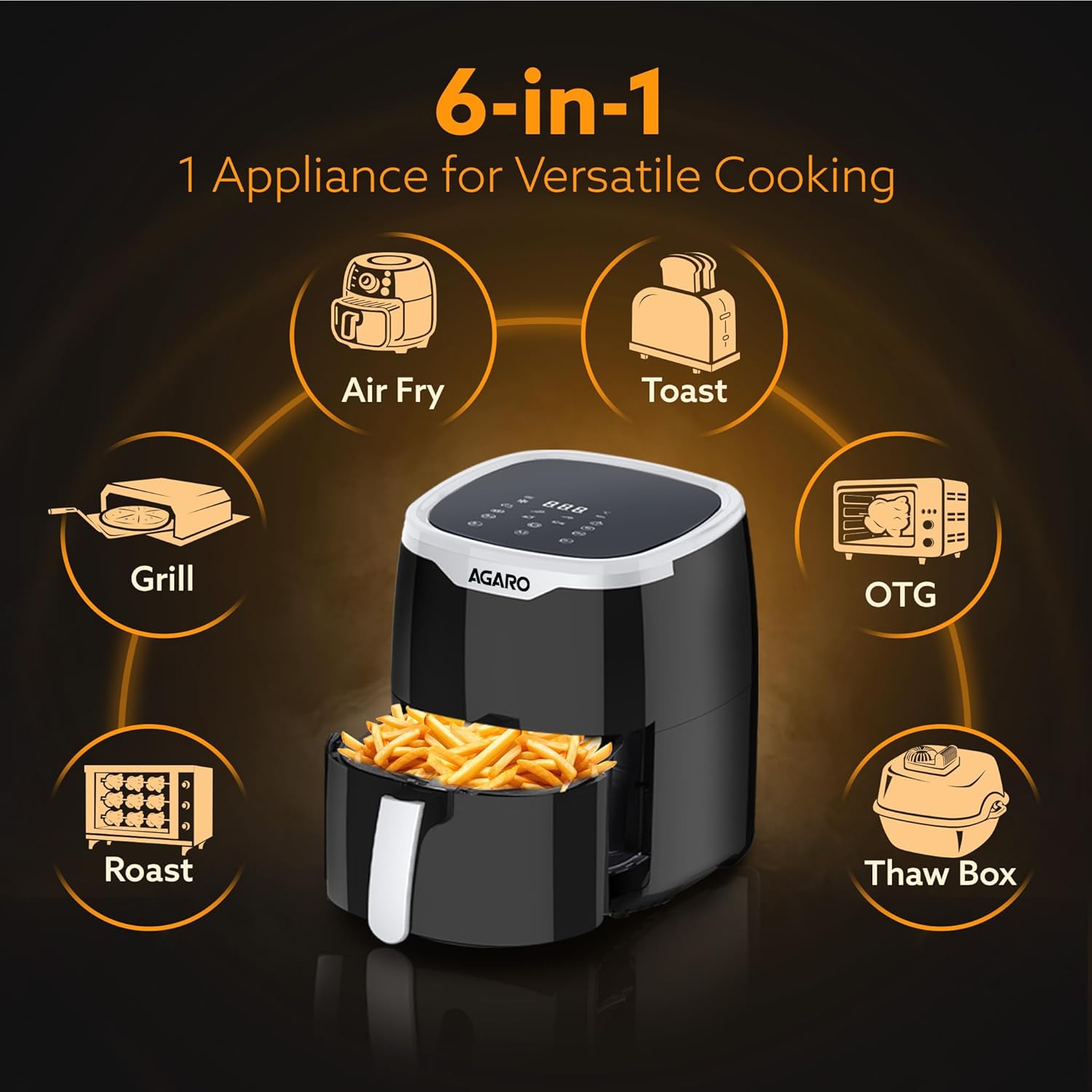 AGARO Galaxy Digital Air Fryer For Home, 4.5L, Electric Air Fryer, Convection Oven, 1400W, 7 Preset Programs & Reheat, 360 Degrees Air Circulation, Digital Touch Display, Bake, Roast, Toast, Black