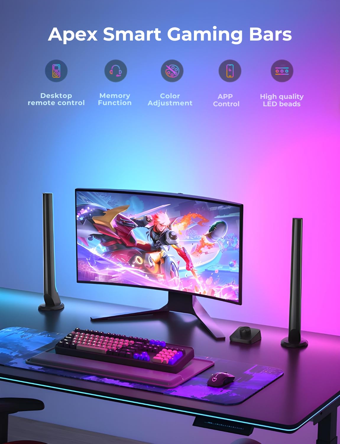 Apex RGBIC Smart Gaming Light Bars with wireless Smart Controller, Wi-Fi Smart LED Gaming Lights with Music Modes and 60+ Scene Modes Built, Works with Alexa & Google Assistant, Game Room Lights Decor