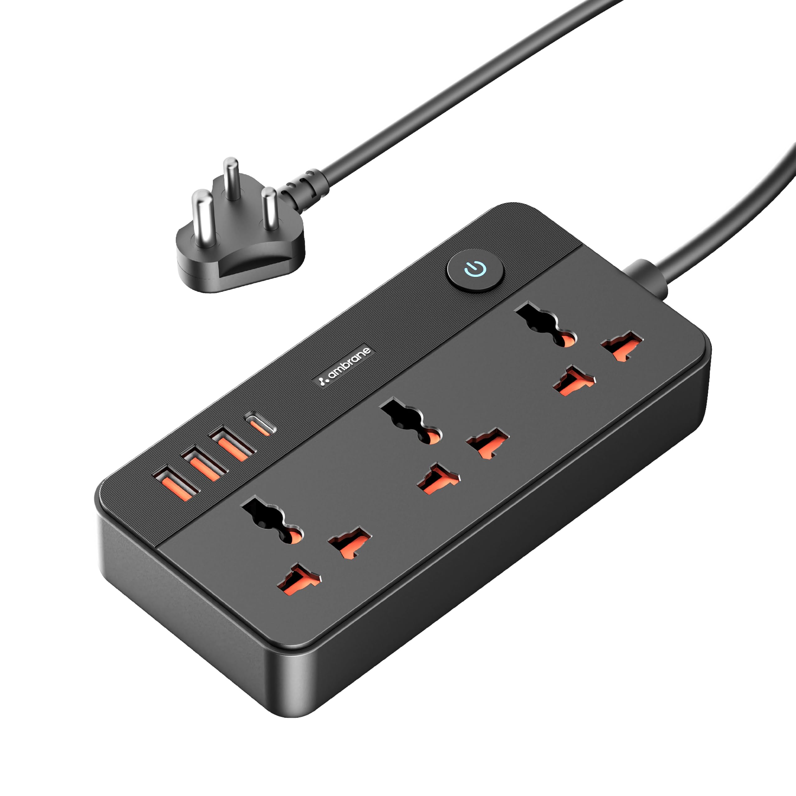 Ambrane Extension Board, 4 Type C, 2 USB, 5 International Power Sockets, 2500W Output, Long Cable, Wall Mount Option, Supports Laptop Charging for Office, Home Appliances (SmartStrip 2 Pro, Black)