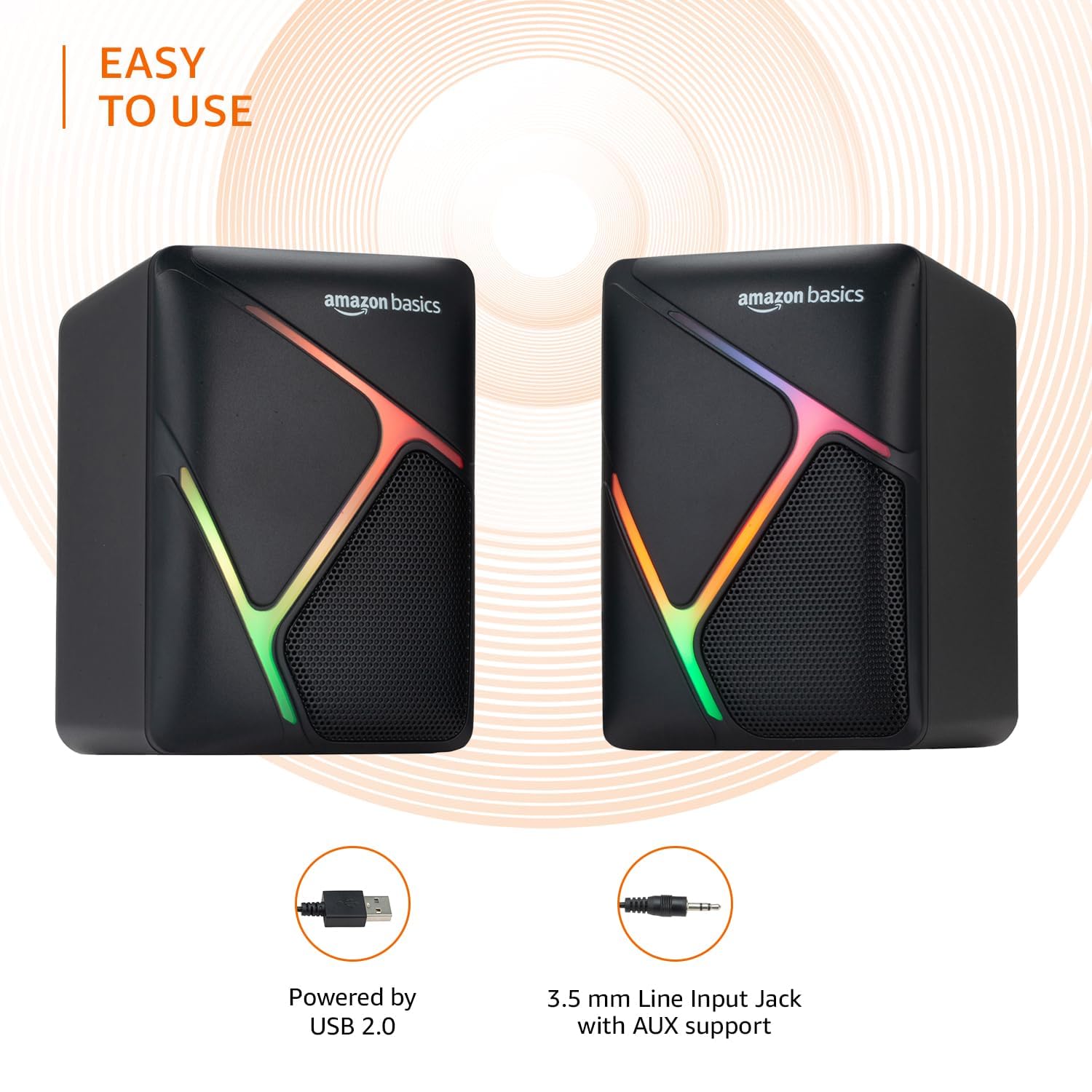amazon basics 2 X 3W Multimedia PC Gaming Speaker with Aux Connectivity, USB Support, Volume Control, and RGB Lights