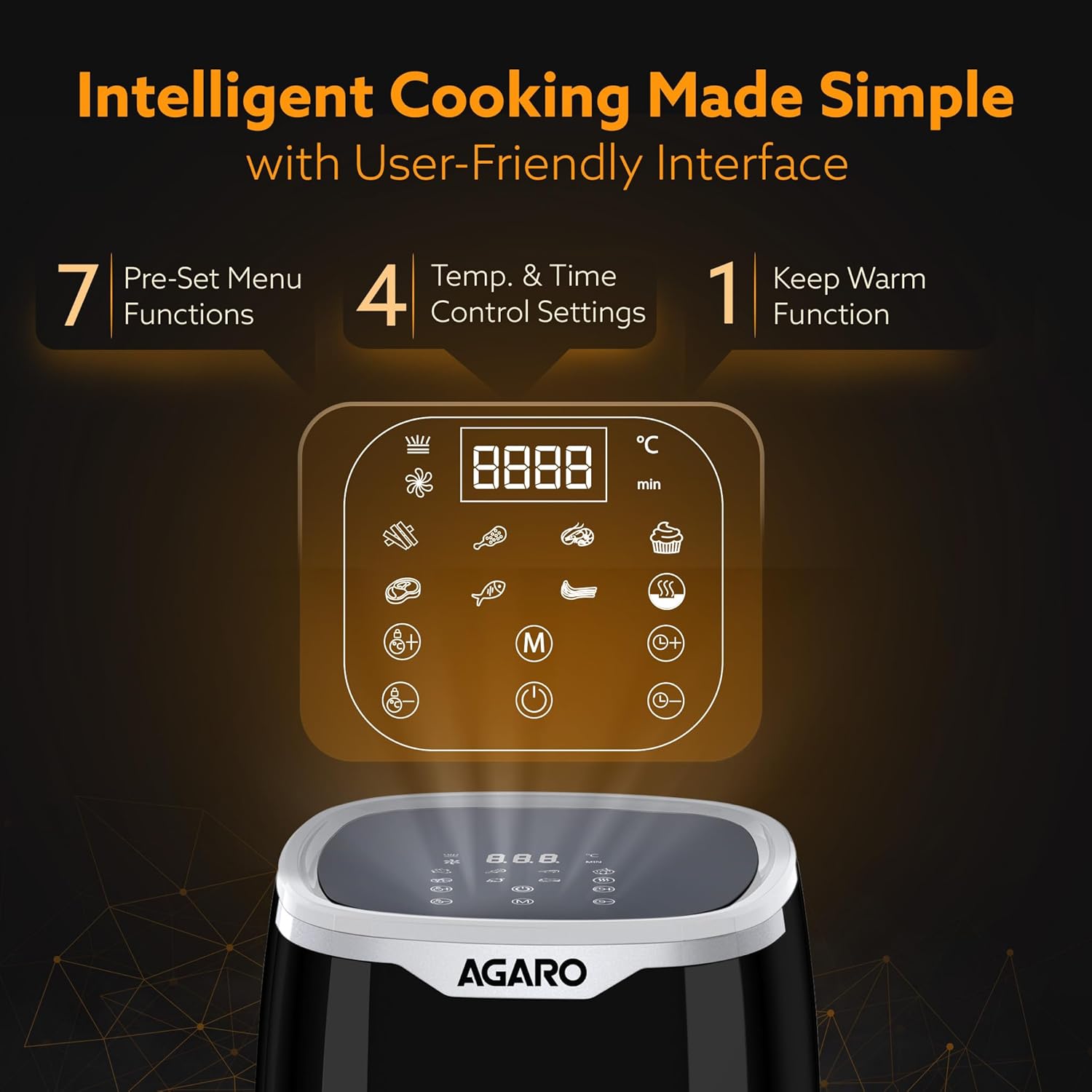 AGARO Galaxy Digital Air Fryer For Home, 4.5L, Electric Air Fryer, Convection Oven, 1400W, 7 Preset Programs & Reheat, 360 Degrees Air Circulation, Digital Touch Display, Bake, Roast, Toast, Black