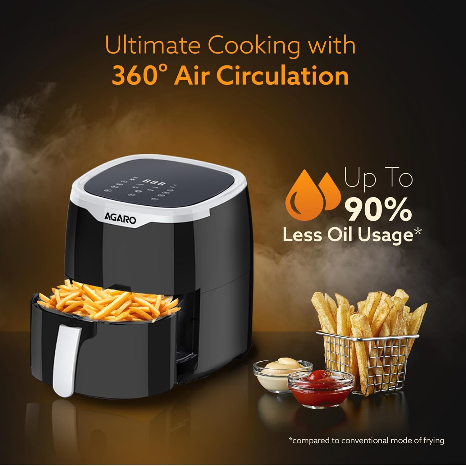 AGARO Galaxy Digital Air Fryer For Home, 4.5L, Electric Air Fryer, Convection Oven, 1400W, 7 Preset Programs & Reheat, 360 Degrees Air Circulation, Digital Touch Display, Bake, Roast, Toast, Black