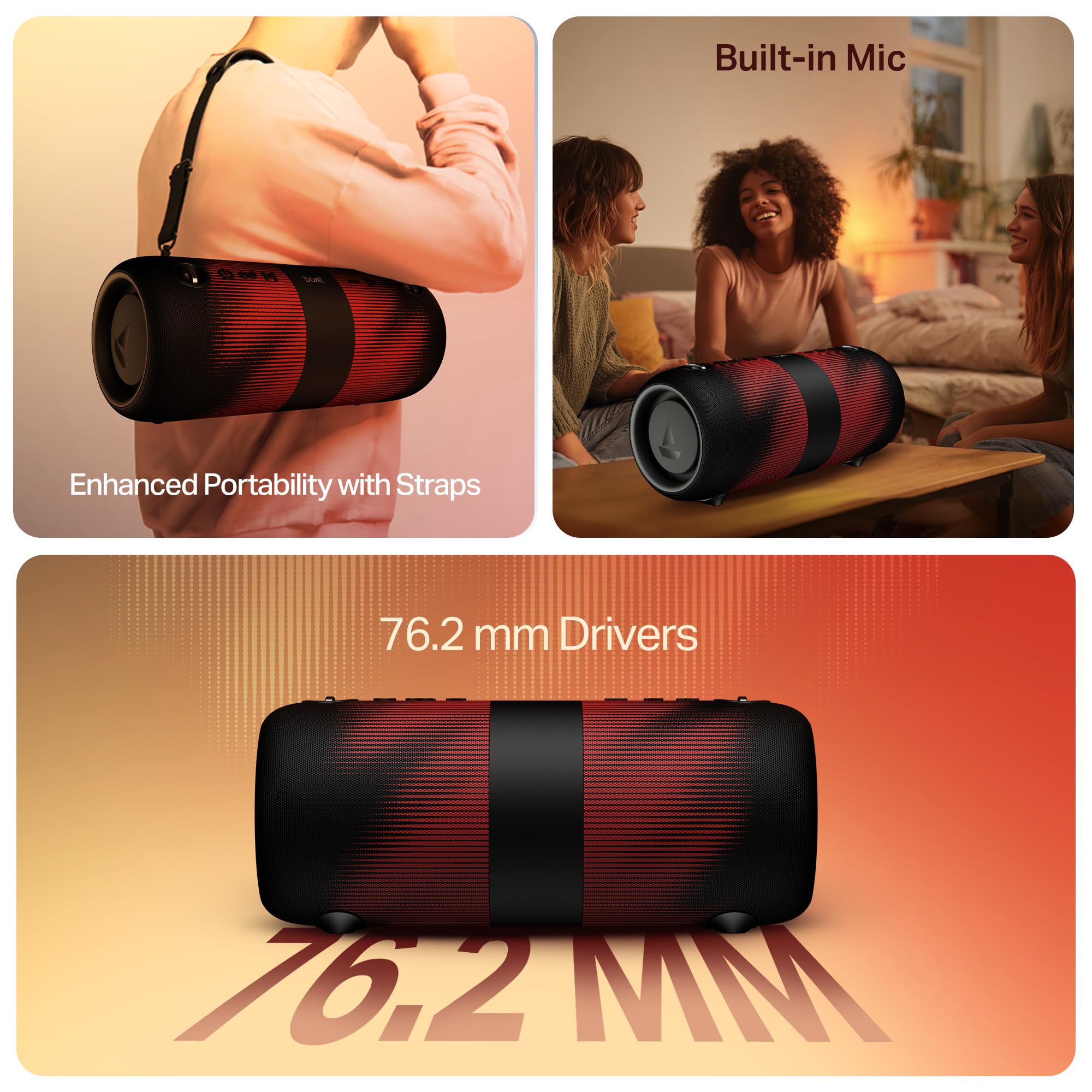 Boat 2025 Launch Stone 1200 Pro, 60W Boat Signature Sound, 76.2mm Drivers, TWS,7.5H Battery, Built-in Mic, Carry Strap,IPX6, Bluetooth Speaker, Wireless Speaker, Portable Speaker (Twilight Black)