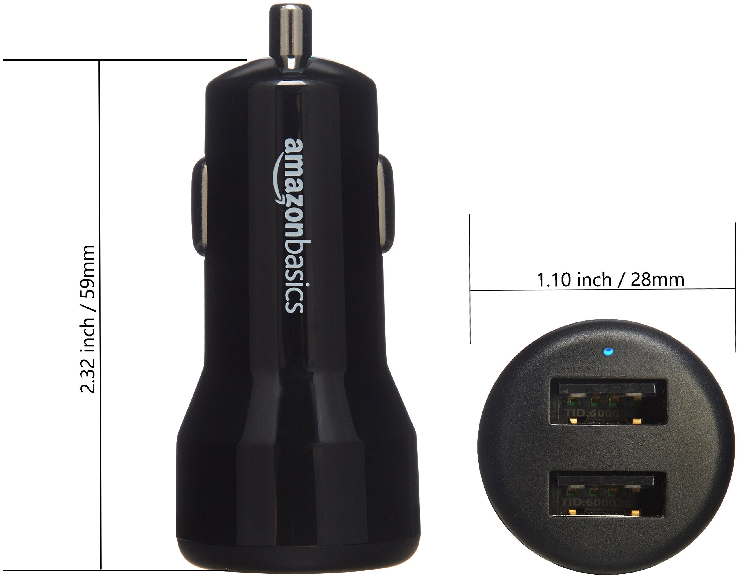 AmazonBasics 4.8 Amp/24W Dual USB Car Charger for Apple and Android Devices, Black
