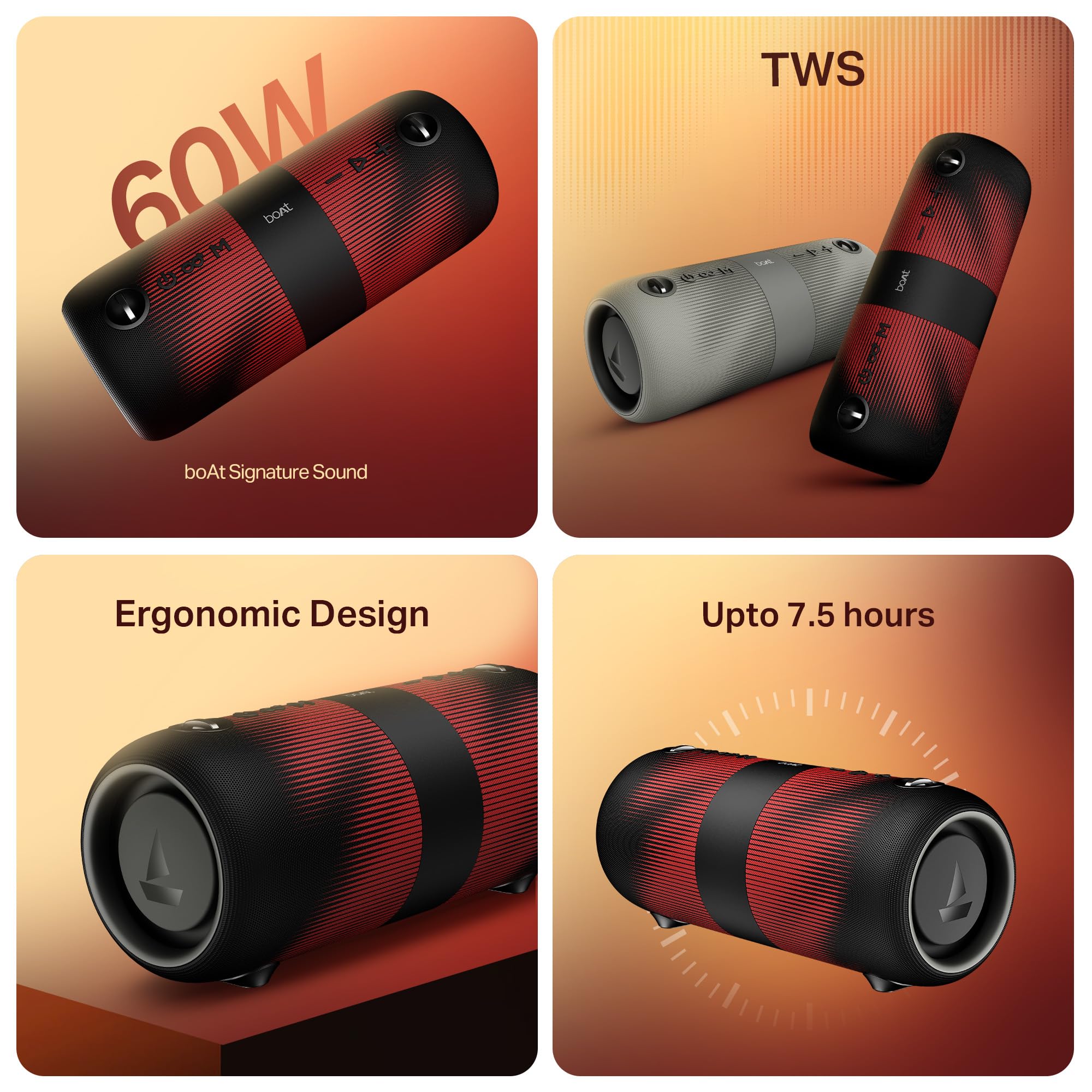 Boat 2025 Launch Stone 1200 Pro, 60W Boat Signature Sound, 76.2mm Drivers, TWS,7.5H Battery, Built-in Mic, Carry Strap,IPX6, Bluetooth Speaker, Wireless Speaker, Portable Speaker (Twilight Black)