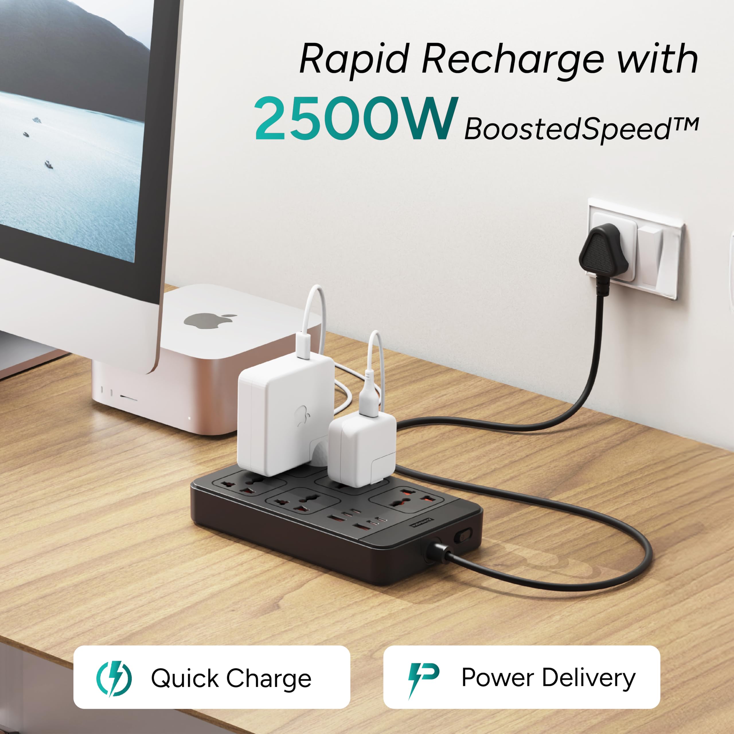 Ambrane Extension Board, 4 Type C, 2 USB, 5 International Power Sockets, 2500W Output, Long Cable, Wall Mount Option, Supports Laptop Charging for Office, Home Appliances (SmartStrip 2 Pro, Black)