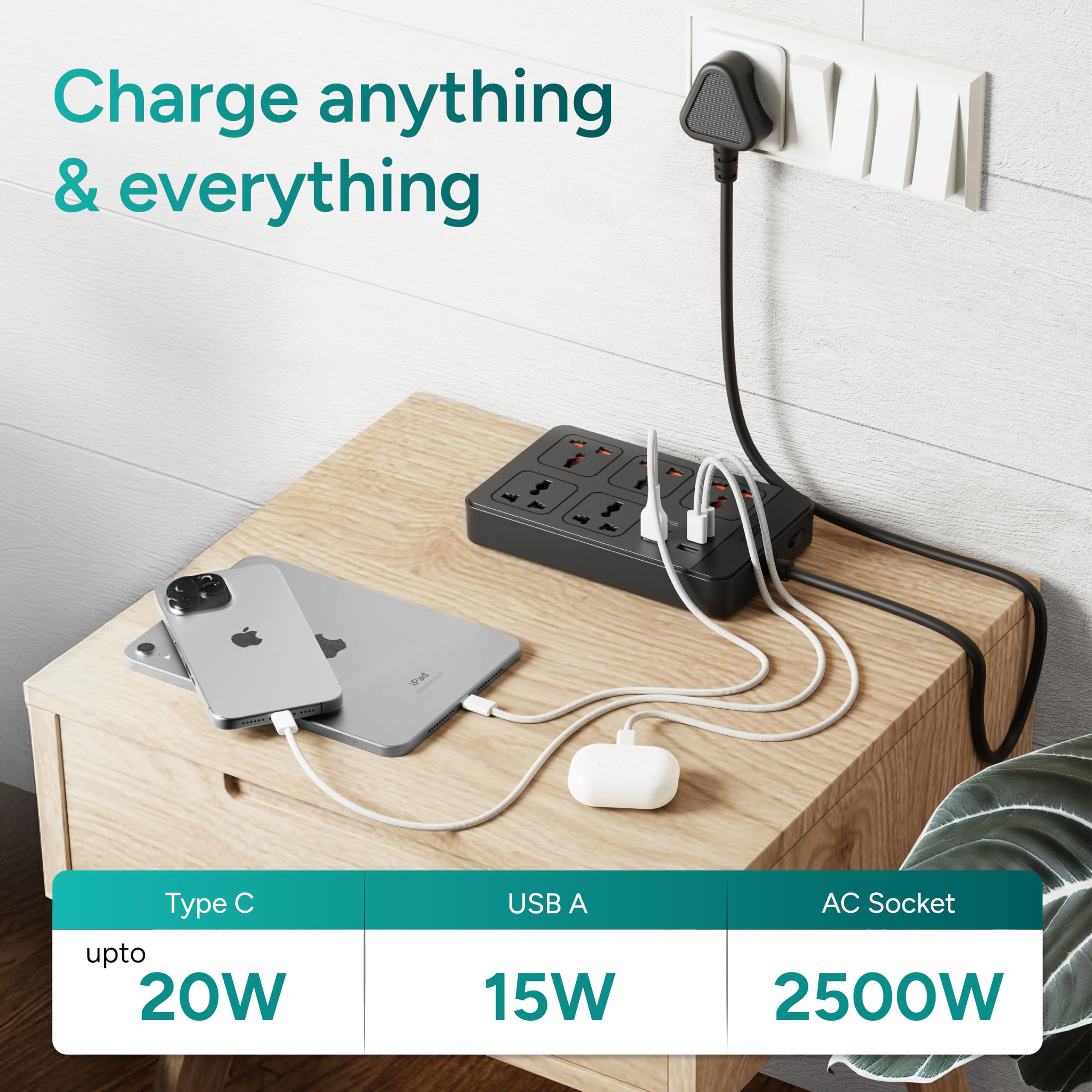 Ambrane Extension Board, 4 Type C, 2 USB, 5 International Power Sockets, 2500W Output, Long Cable, Wall Mount Option, Supports Laptop Charging for Office, Home Appliances (SmartStrip 2 Pro, Black)