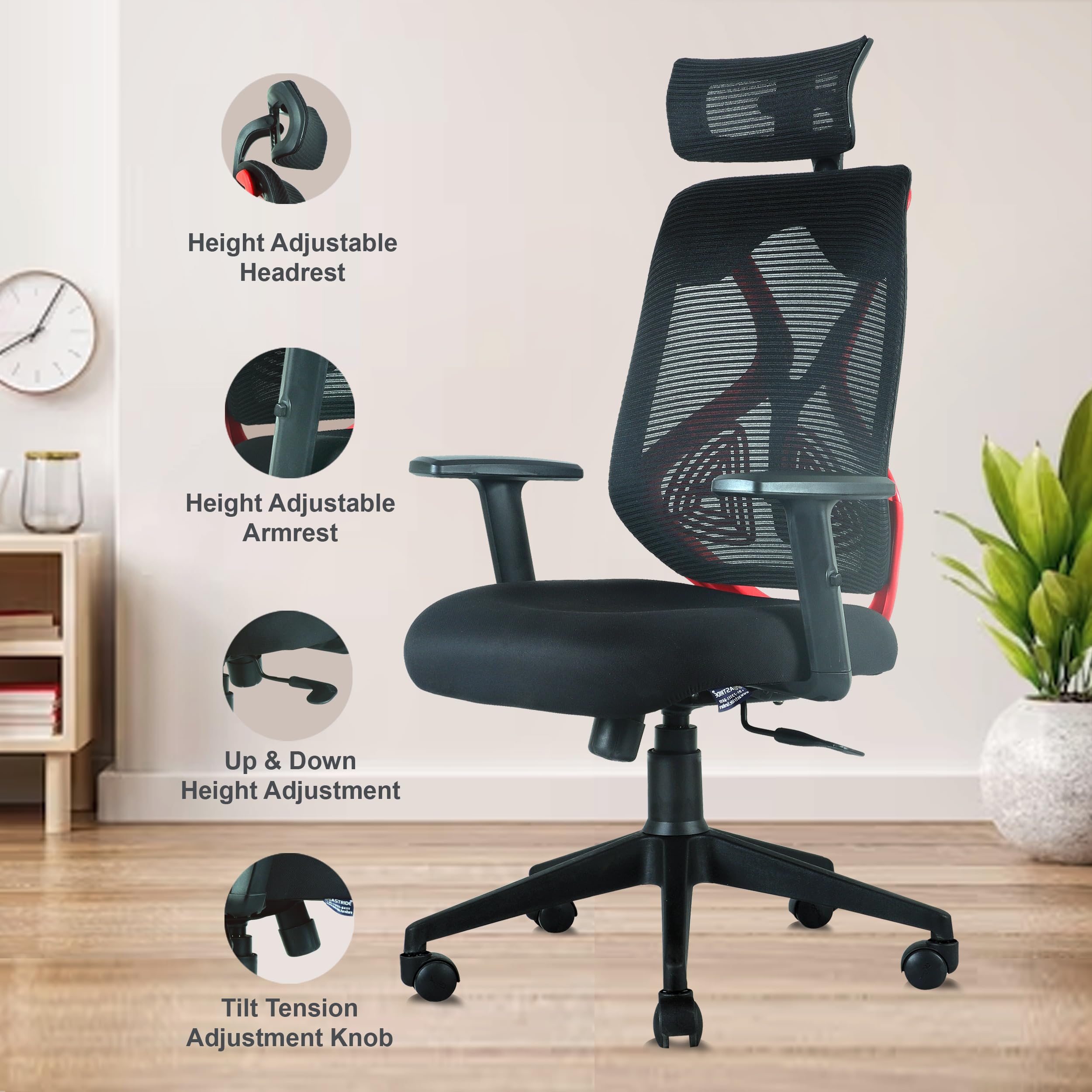 ASTRIDE Ergofit Ergonomic Office Chair for Home | 3-Years Warranty | 2D Headrest, Adjustable Arms & Lumbar Support | Tilt Lock Mechanism [Heavy Duty Chromium Metal Base, Grey-White]