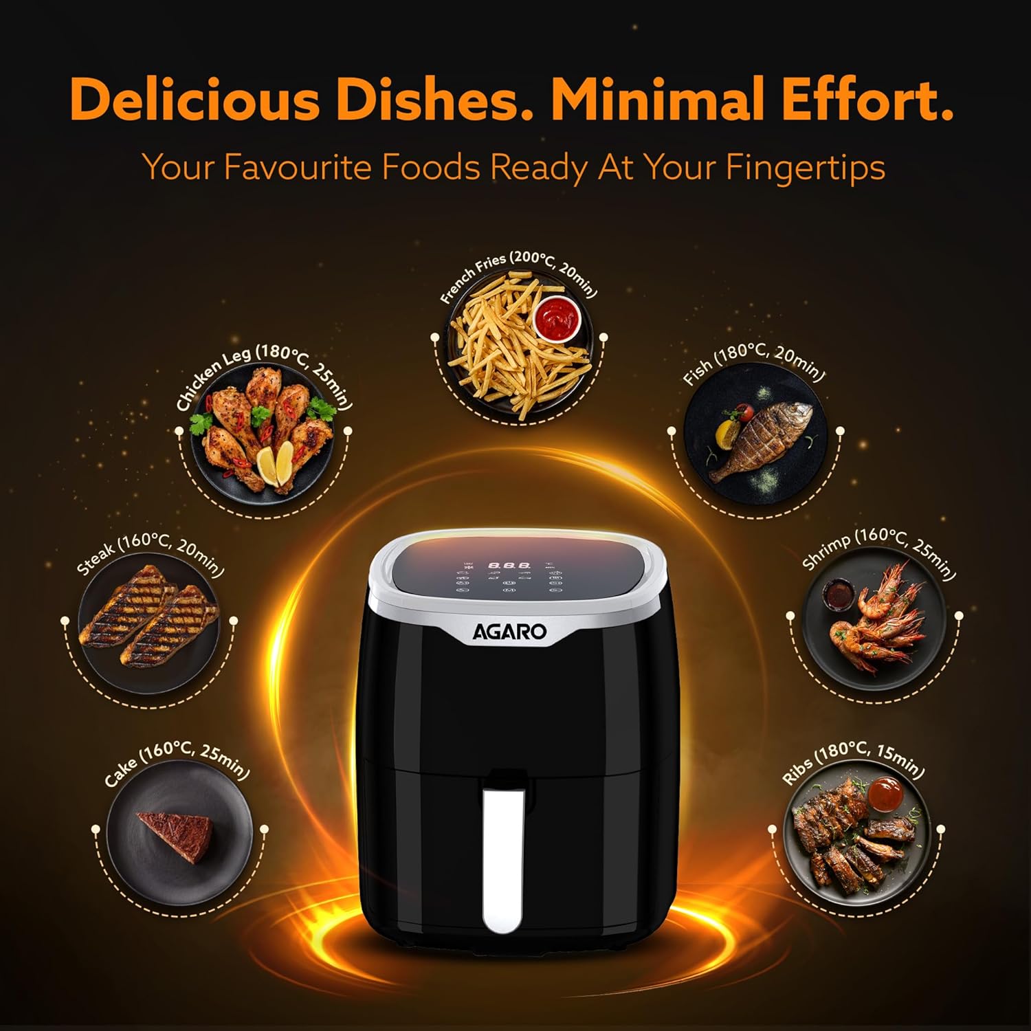 AGARO Galaxy Digital Air Fryer For Home, 4.5L, Electric Air Fryer, Convection Oven, 1400W, 7 Preset Programs & Reheat, 360 Degrees Air Circulation, Digital Touch Display, Bake, Roast, Toast, Black