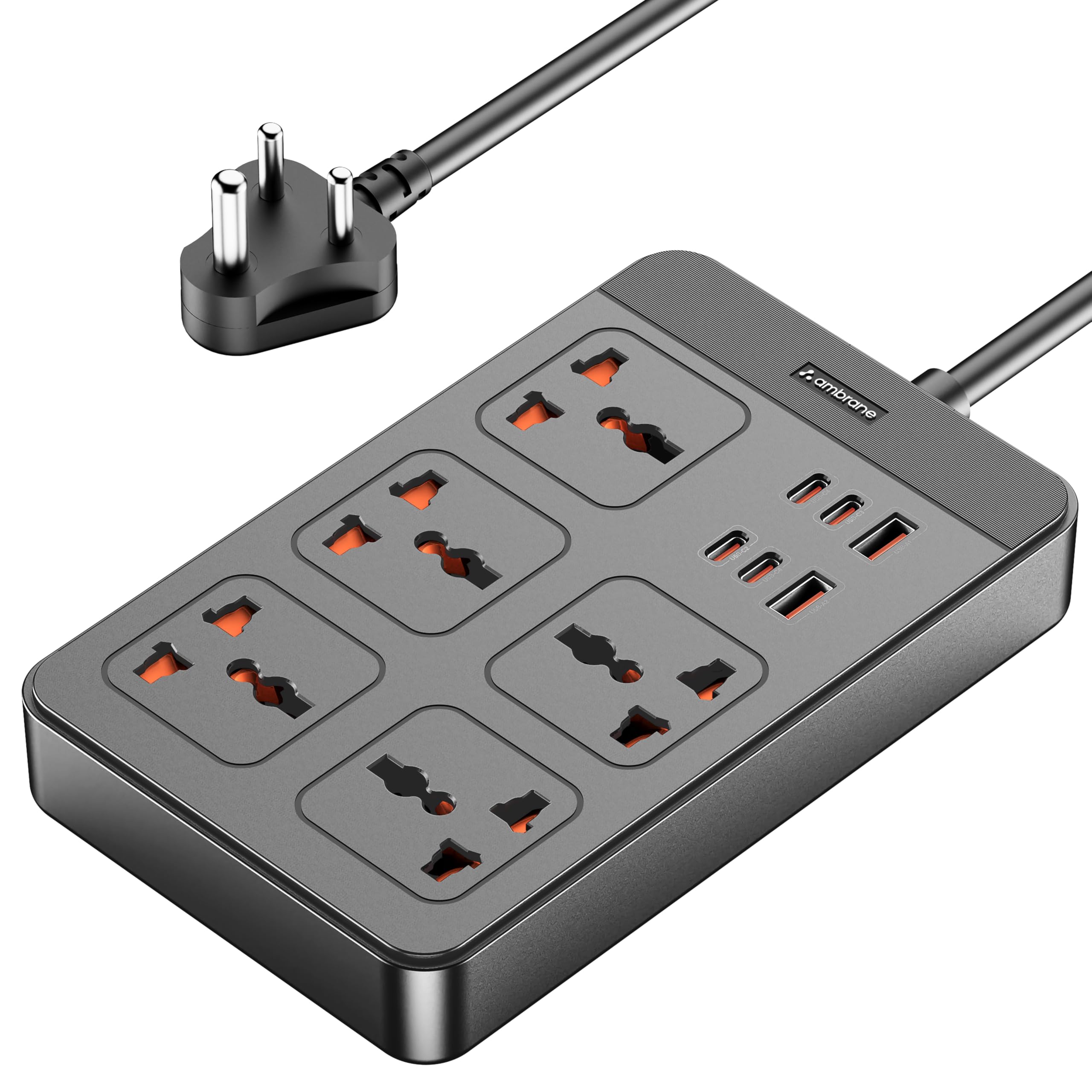 Ambrane Extension Board, 4 Type C, 2 USB, 5 International Power Sockets, 2500W Output, Long Cable, Wall Mount Option, Supports Laptop Charging for Office, Home Appliances (SmartStrip 2 Pro, Black)
